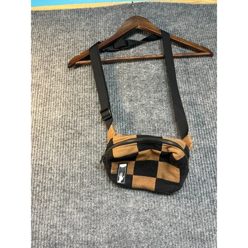 MMT Studio Checkered Crossbody Bag Black Tan Canvas Floral Lining Graphic Patch